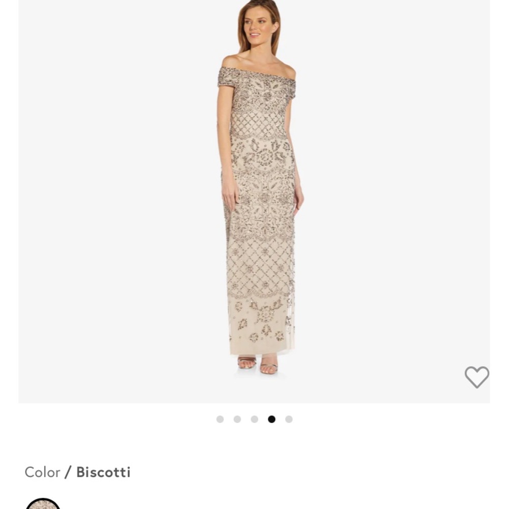 *Like New* Adriana Papell Off-Shoulder Hand beaded Slim Column Gown in Biscotti